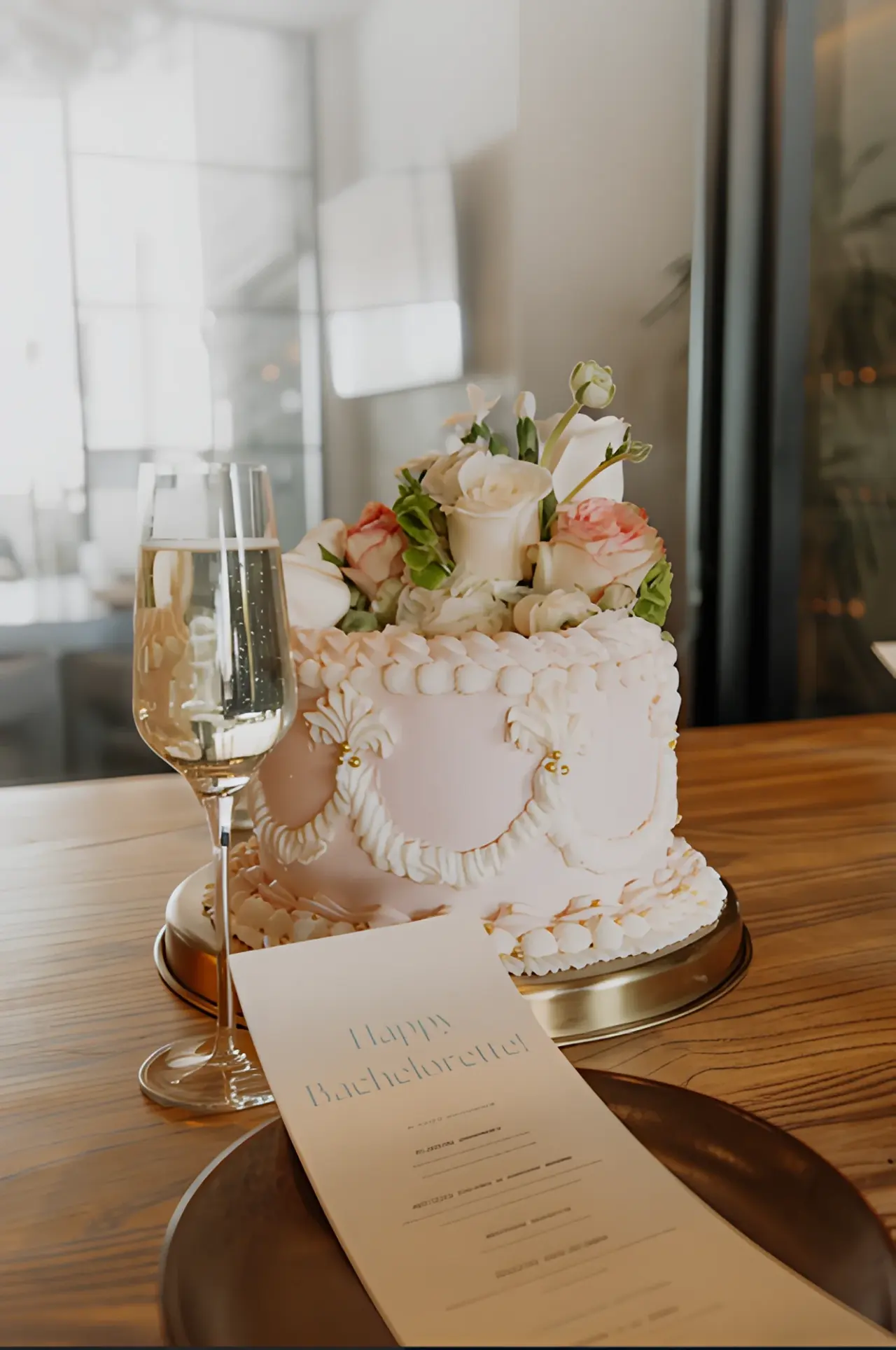 A bachelorette cake with champagne and a Happy Bachelorette menu